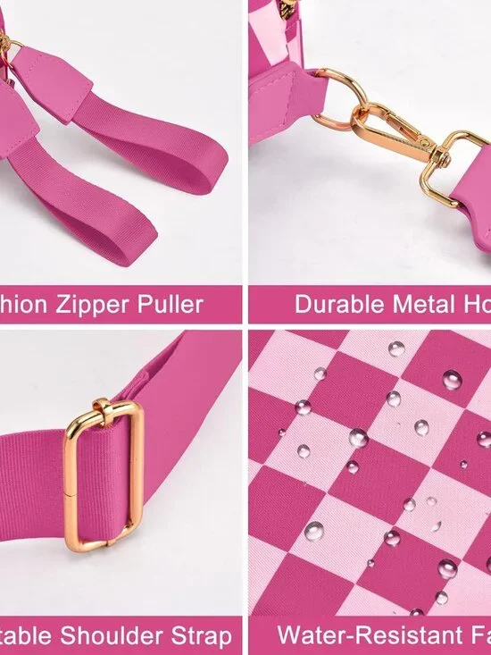 Women's Rose Bum Bag Spacious Nylon Checkered Shoulder Crossbody Bag - Picture 4 of 6